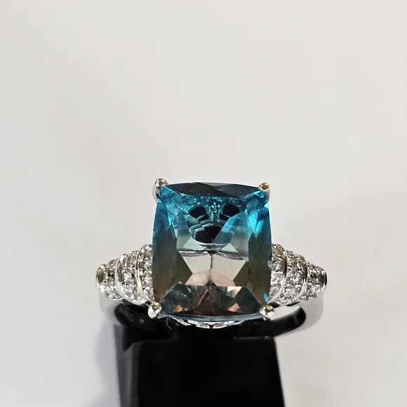 Aqua Colorful Terra Costa Quartz Triplet & White Zircon Ring in 925! Size 7 New - Picture 6 of 14